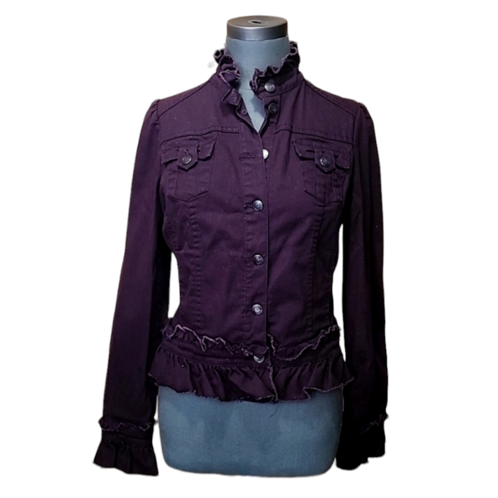 INC petite ruffle trim raw hem burgundy jean jacket